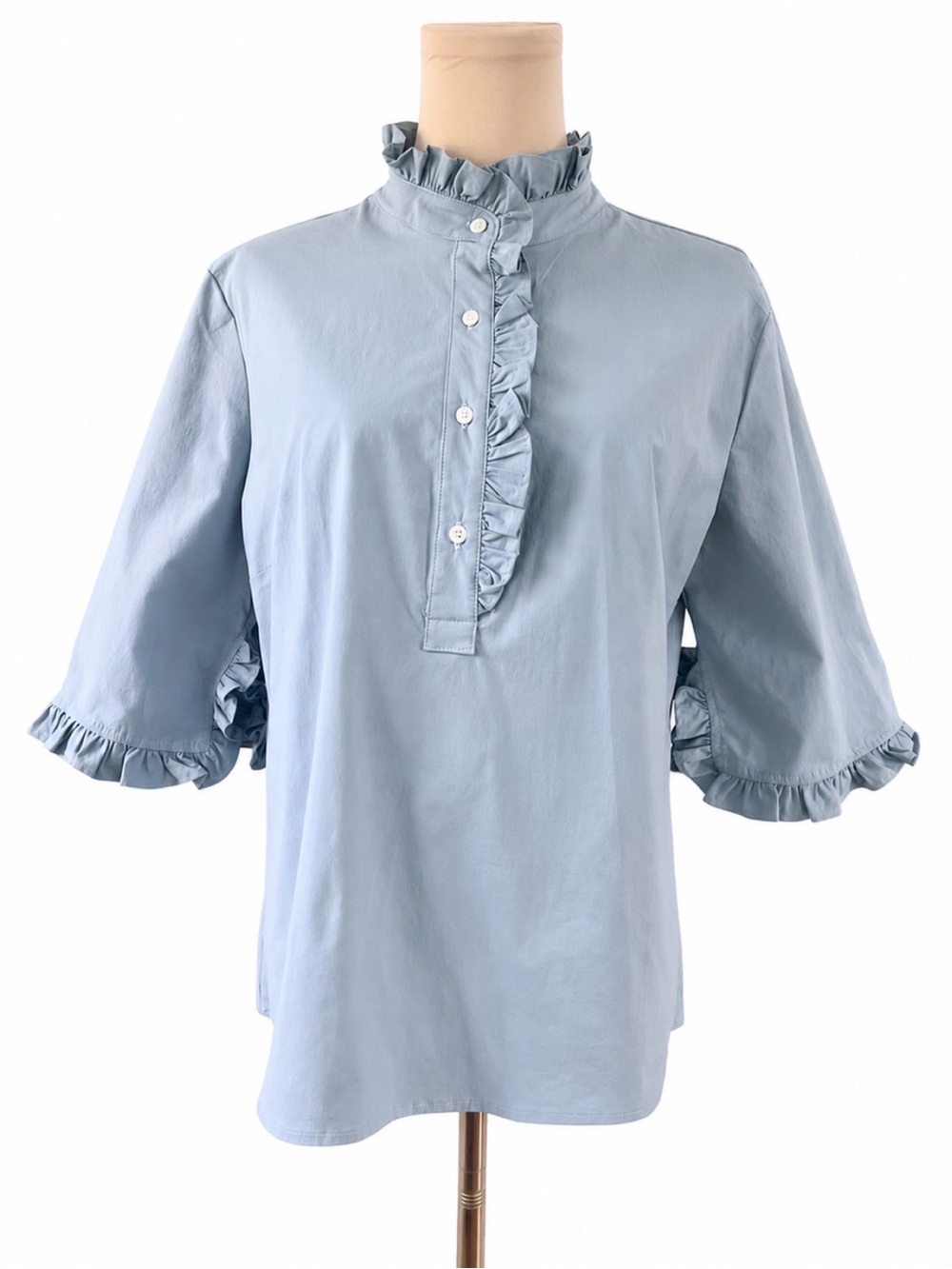 Never A Wallflower Ruffle Neck Poplin Blouse Light Blue Size Medium